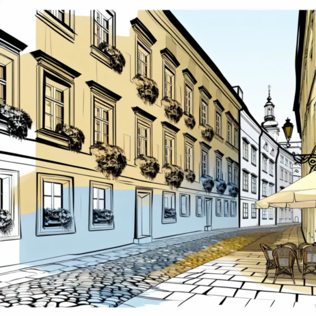 Európai városi macskaköves utca romantikus hangulattal