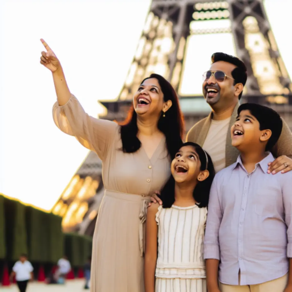 Boldog család nevezetesség előtt nyaralás közben